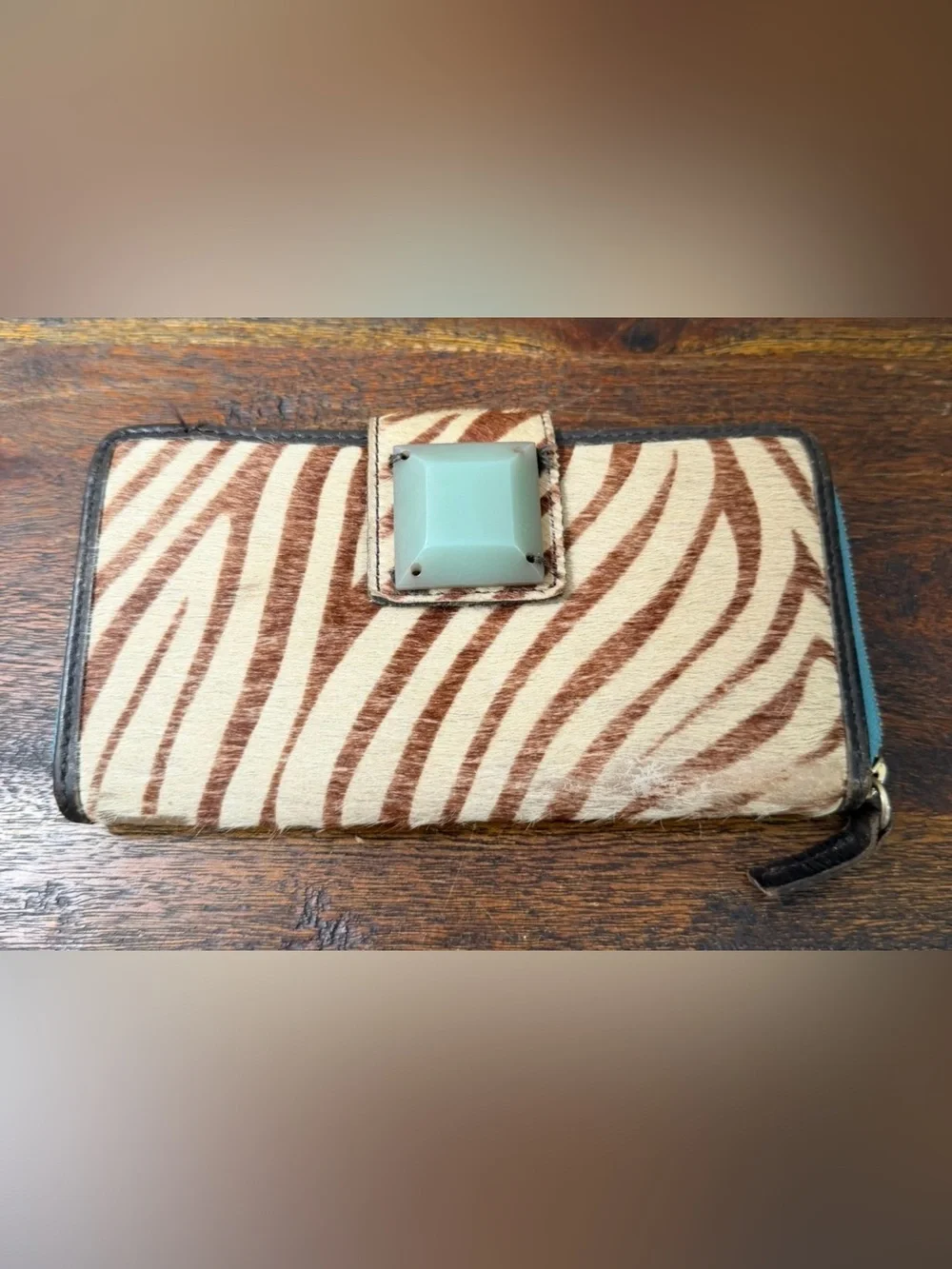 Vintage Boden Zebra Calf Hair turquoise trim zipper wallet